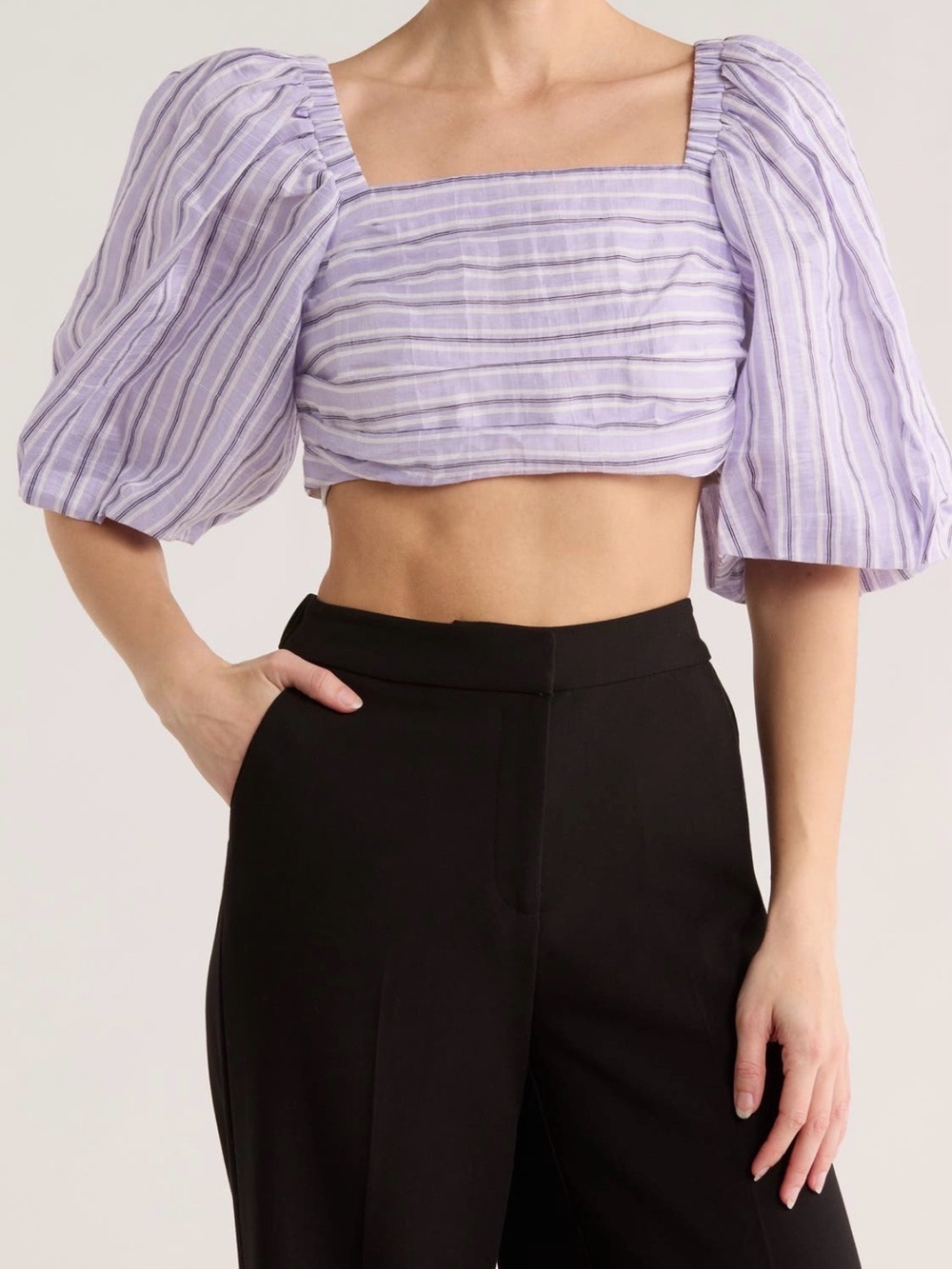 NWT Sandro Lilac Striped Puff-Sleeve Crop Top Size 4